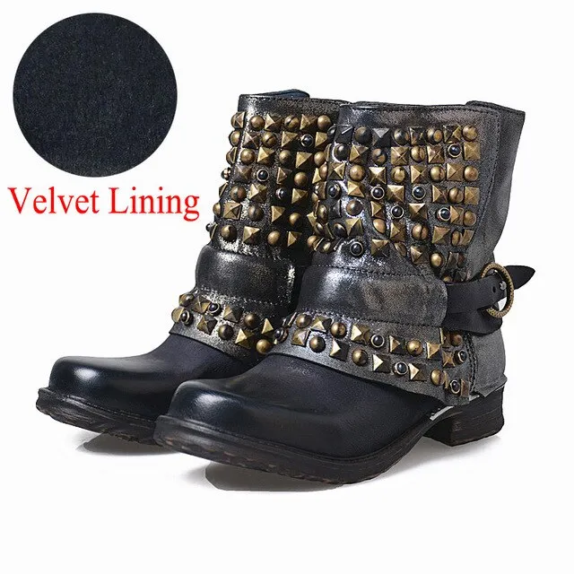 Full Rivets Women Ankle Boots Vintage Autumn Winter Belt Buckle Shoes Woman Side Zipper Genuine Leather Riding Boots