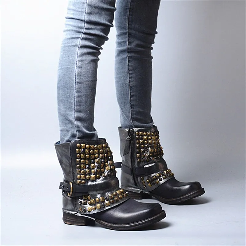 Full Rivets Women Ankle Boots Vintage Autumn Winter Belt Buckle Shoes Woman Side Zipper Genuine Leather Riding Boots