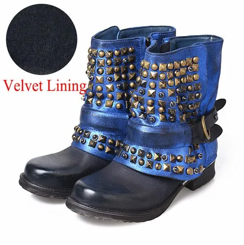 Full Rivets Women Ankle Boots Vintage Autumn Winter Belt Buckle Shoes Woman Side Zipper Genuine Leather Riding Boots