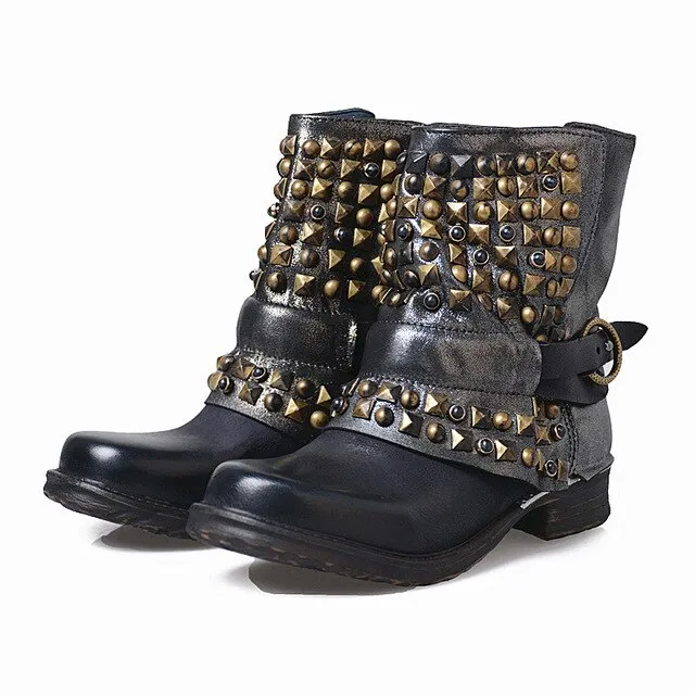 Full Rivets Women Ankle Boots Vintage Autumn Winter Belt Buckle Shoes Woman Side Zipper Genuine Leather Riding Boots