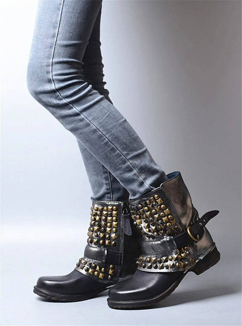 Full Rivets Women Ankle Boots Vintage Autumn Winter Belt Buckle Shoes Woman Side Zipper Genuine Leather Riding Boots