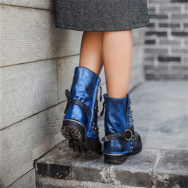 Full Rivets Women Ankle Boots Vintage Autumn Winter Belt Buckle Shoes Woman Side Zipper Genuine Leather Riding Boots