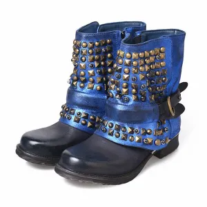 Full Rivets Women Ankle Boots Vintage Autumn Winter Belt Buckle Shoes Woman Side Zipper Genuine Leather Riding Boots
