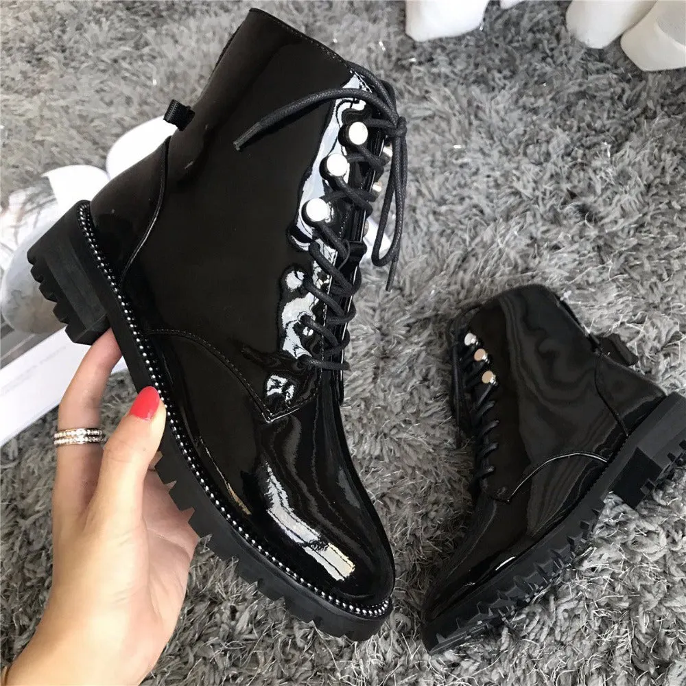 Genuine Leather Thick Heel Round Toe Lace Up Winter Boots Superstar Luxury Punk Rock Metal Rivets Fasteners Ankle Boots