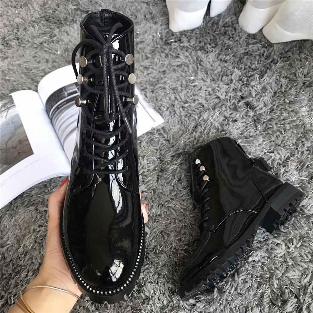 Genuine Leather Thick Heel Round Toe Lace Up Winter Boots Superstar Luxury Punk Rock Metal Rivets Fasteners Ankle Boots