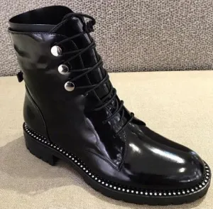 Genuine Leather Thick Heel Round Toe Lace Up Winter Boots Superstar Luxury Punk Rock Metal Rivets Fasteners Ankle Boots