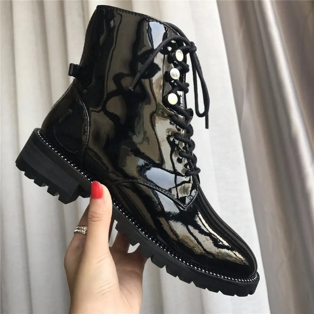 Genuine Leather Thick Heel Round Toe Lace Up Winter Boots Superstar Luxury Punk Rock Metal Rivets Fasteners Ankle Boots