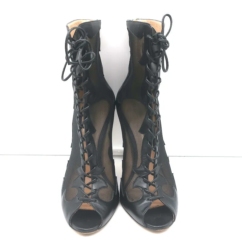 Gianvito Rossi Peep Toe Lace-Up Boots Black Leather & Mesh Size 38