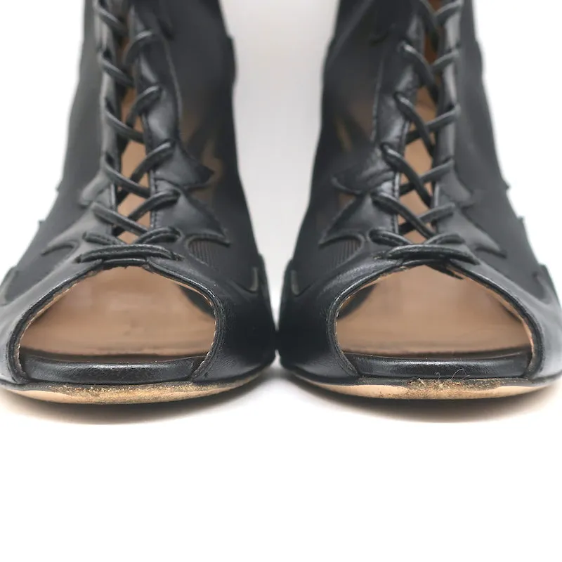 Gianvito Rossi Peep Toe Lace-Up Boots Black Leather & Mesh Size 38