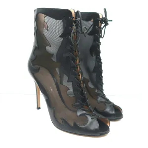 Gianvito Rossi Peep Toe Lace-Up Boots Black Leather & Mesh Size 38