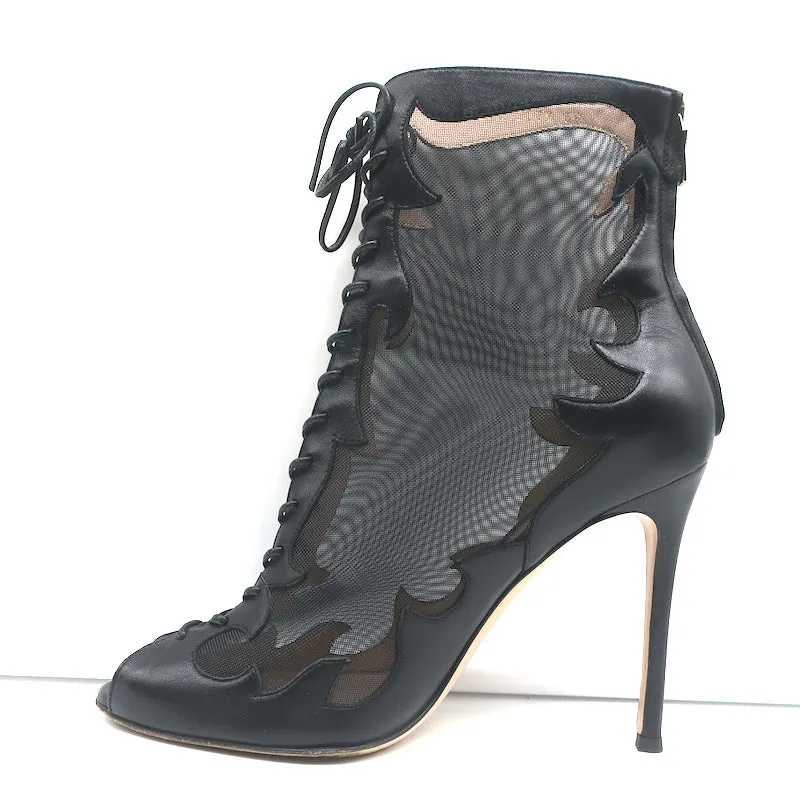 Gianvito Rossi Peep Toe Lace-Up Boots Black Leather & Mesh Size 38