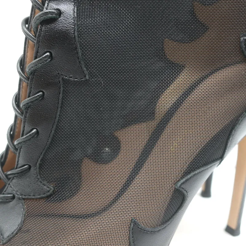 Gianvito Rossi Peep Toe Lace-Up Boots Black Leather & Mesh Size 38