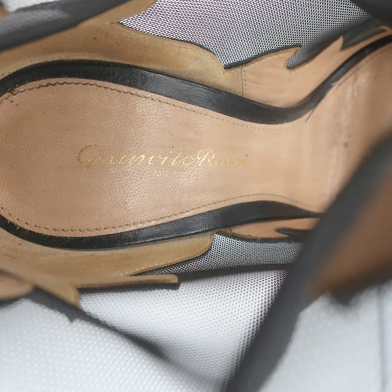 Gianvito Rossi Peep Toe Lace-Up Boots Black Leather & Mesh Size 38