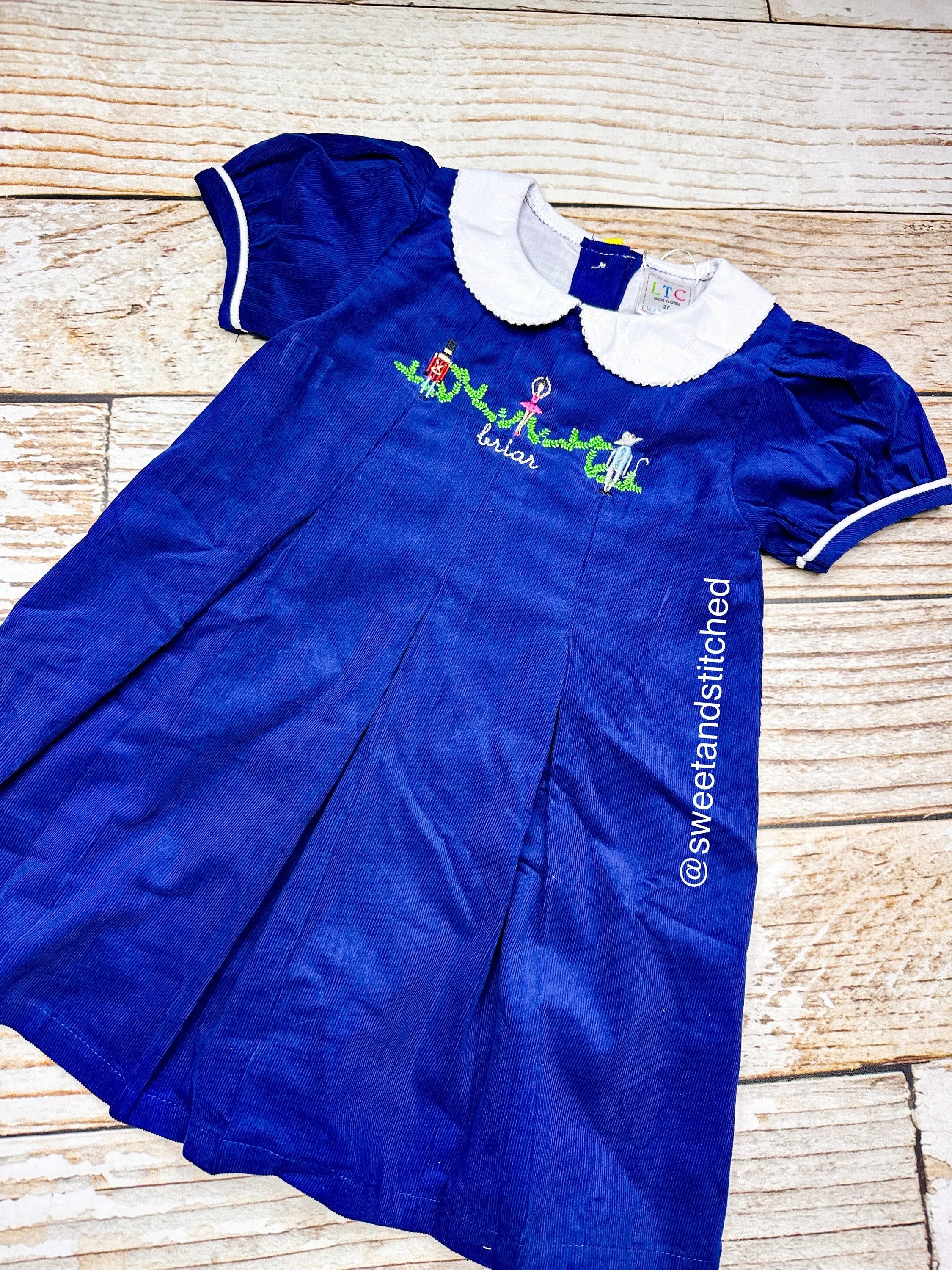 Girls monogrammed Christmas Nutcracker dress, Navy Corduroy Collared Christmas dress, Corduroy Christmas dress, soldier mouse ballerina