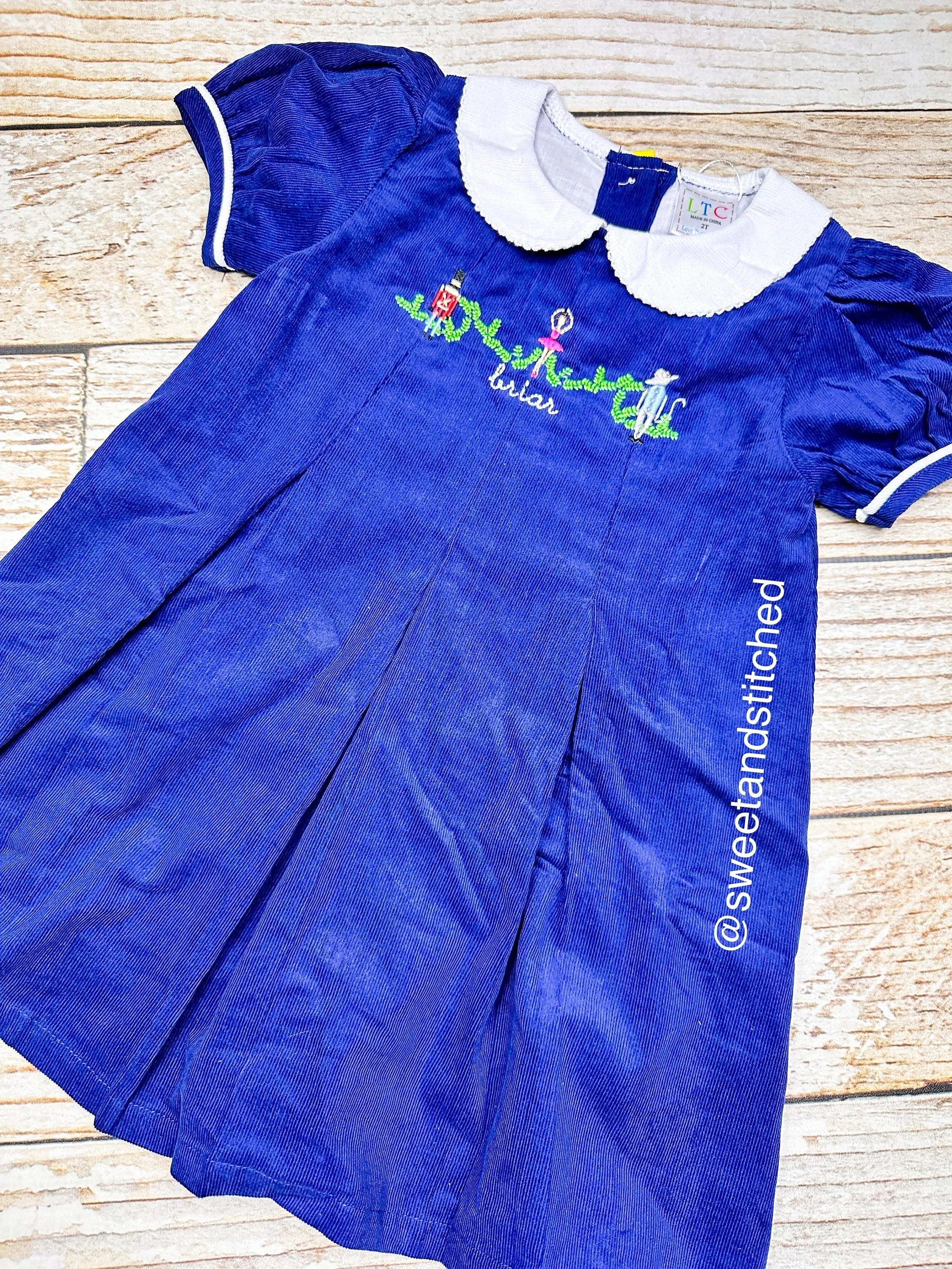 Girls monogrammed Christmas Nutcracker dress, Navy Corduroy Collared Christmas dress, Corduroy Christmas dress, soldier mouse ballerina