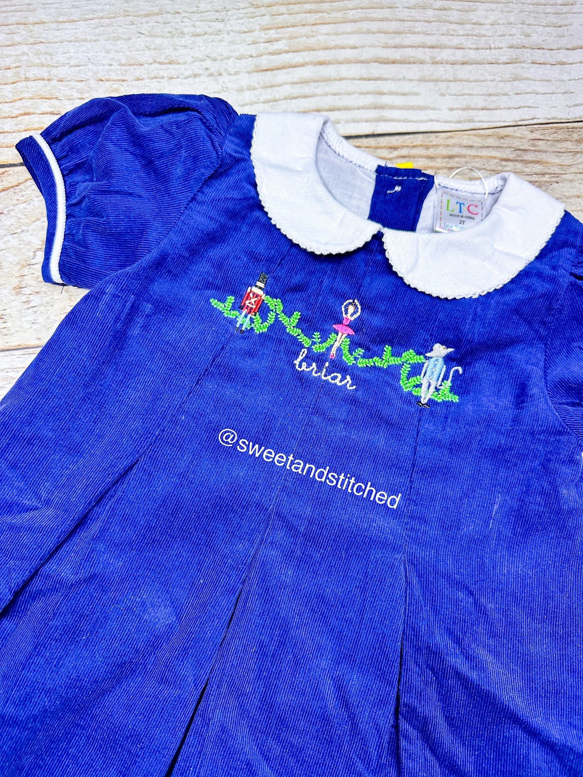 Girls monogrammed Christmas Nutcracker dress, Navy Corduroy Collared Christmas dress, Corduroy Christmas dress, soldier mouse ballerina