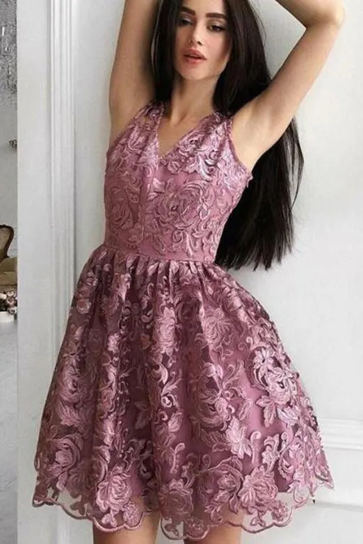 Gorgeous A Line V Neck Short Homecoming Dresses with Lace OHM022