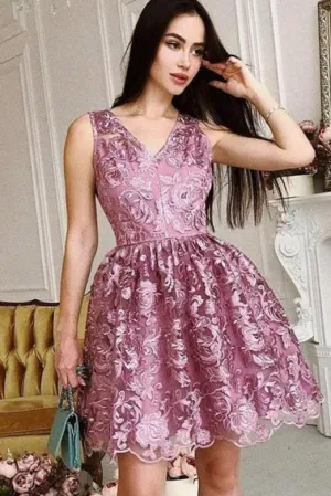 Gorgeous A Line V Neck Short Homecoming Dresses with Lace OHM022