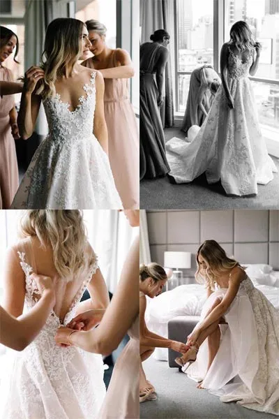 Gorgeous White Vintage A-line Lace Illusion Neck Wedding Dresses | Bridal Gowns, SW262