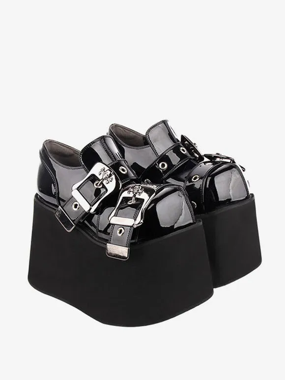 Gothic Lolita Footwear Black Grommets PU Leather Wedge Heel Lolita Pumps