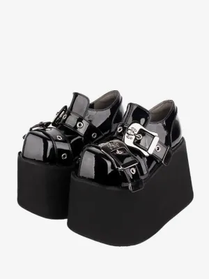Gothic Lolita Footwear Black Grommets PU Leather Wedge Heel Lolita Pumps