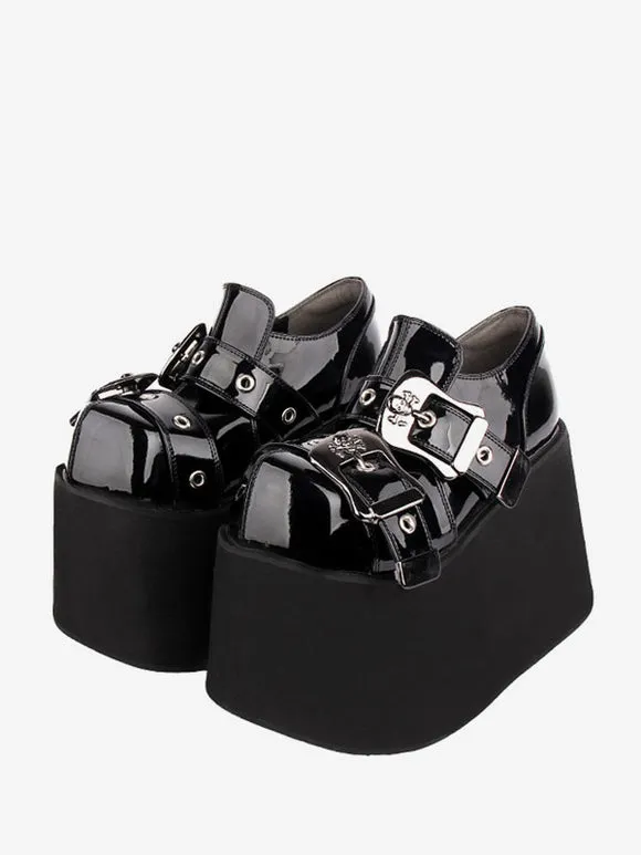 Gothic Lolita Footwear Black Grommets PU Leather Wedge Heel Lolita Pumps