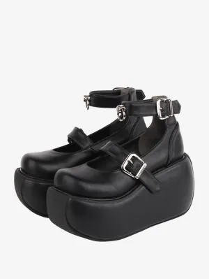 Gothic Lolita Footwear Black Grommets PU Leather Wedge Heel Lolita Shoes