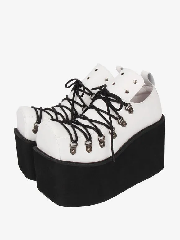 Gothic Lolita Footwear White Grommets PU Leather Wedge Heel Lolita Pumps