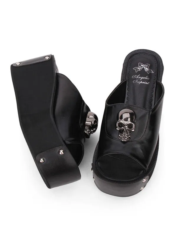 Gothic Lolita Sandal Metallic Skull Rivet Platform Black Lolita High Heel Slipper