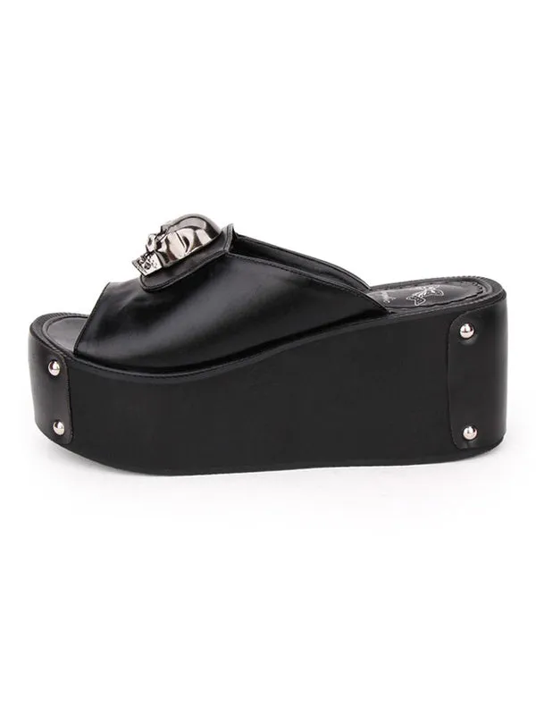 Gothic Lolita Sandal Metallic Skull Rivet Platform Black Lolita High Heel Slipper