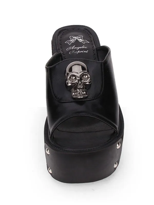 Gothic Lolita Sandal Metallic Skull Rivet Platform Black Lolita High Heel Slipper