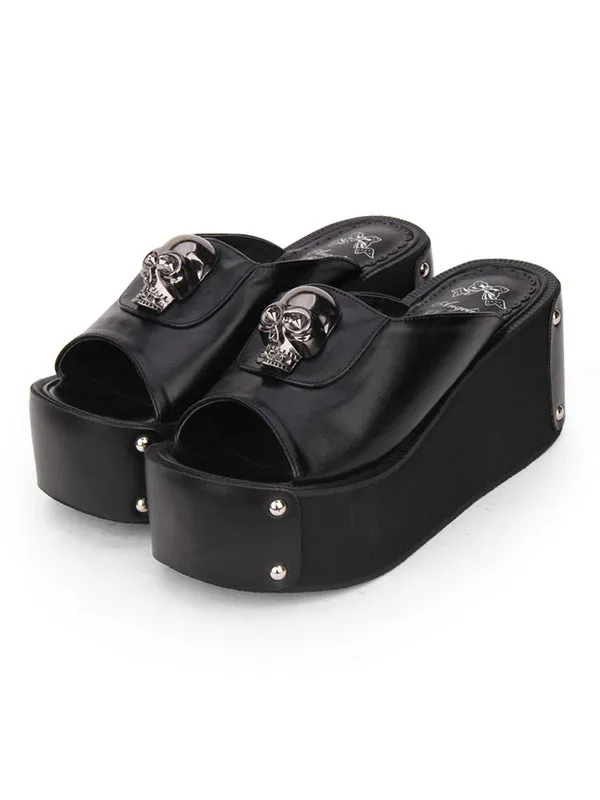 Gothic Lolita Sandal Metallic Skull Rivet Platform Black Lolita High Heel Slipper