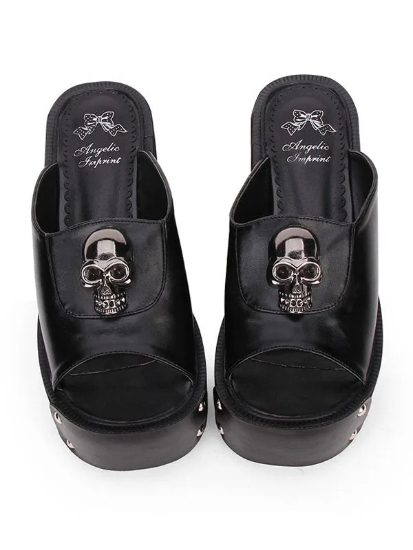 Gothic Lolita Sandal Metallic Skull Rivet Platform Black Lolita High Heel Slipper