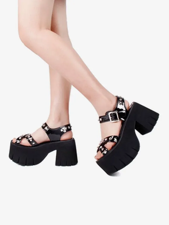 Gothic Lolita Sandals Rivets Round Toe Patent PU Upper Black Lolita Summer Shoes