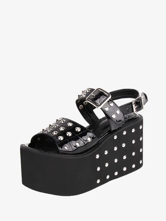 Gothic Lolita Sandals Rivets Round Toe Patent PU Upper Black Lolita Summer Shoes