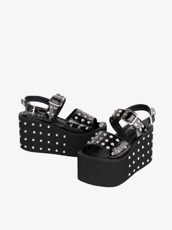 Gothic Lolita Sandals Rivets Round Toe Patent PU Upper Black Lolita Summer Shoes