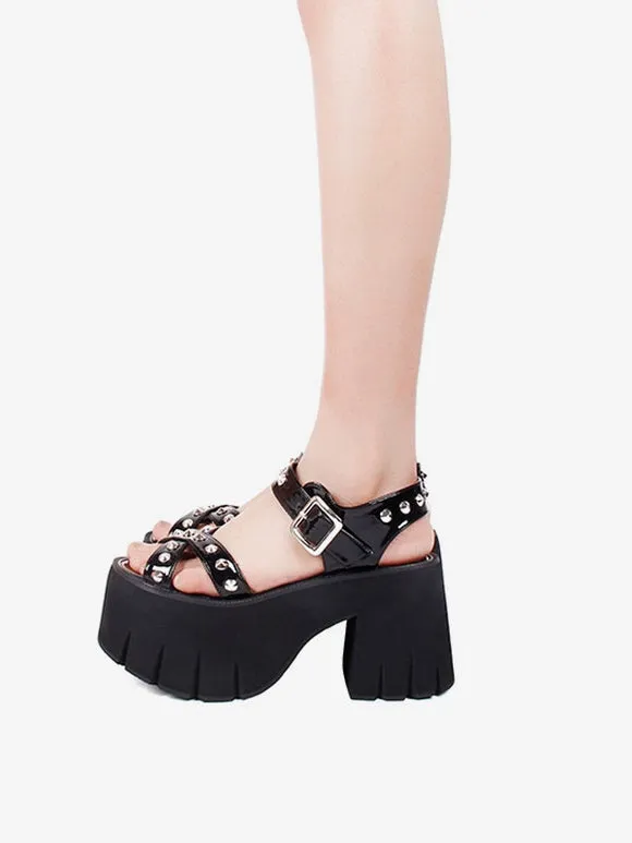 Gothic Lolita Sandals Rivets Round Toe Patent PU Upper Black Lolita Summer Shoes