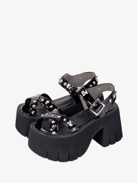 Gothic Lolita Sandals Rivets Round Toe Patent PU Upper Black Lolita Summer Shoes
