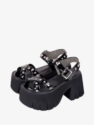 Gothic Lolita Sandals Rivets Round Toe Patent PU Upper Black Lolita Summer Shoes
