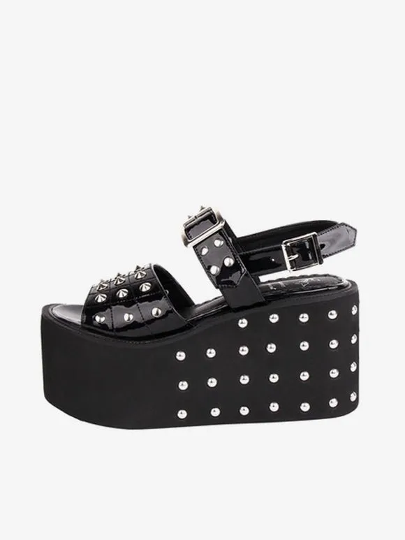 Gothic Lolita Sandals Rivets Round Toe Patent PU Upper Black Lolita Summer Shoes