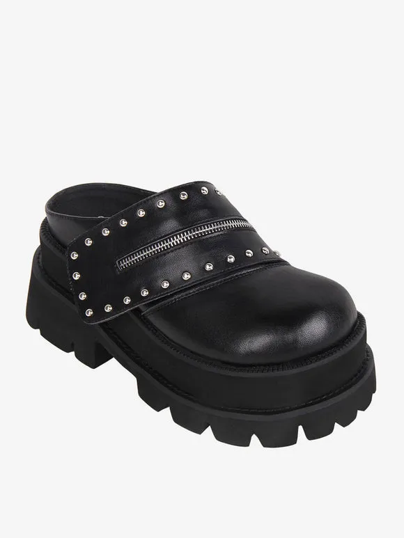 Gothic Lolita Sandals Rivets Round Toe PU Leather Black Lolita Summer Shoes