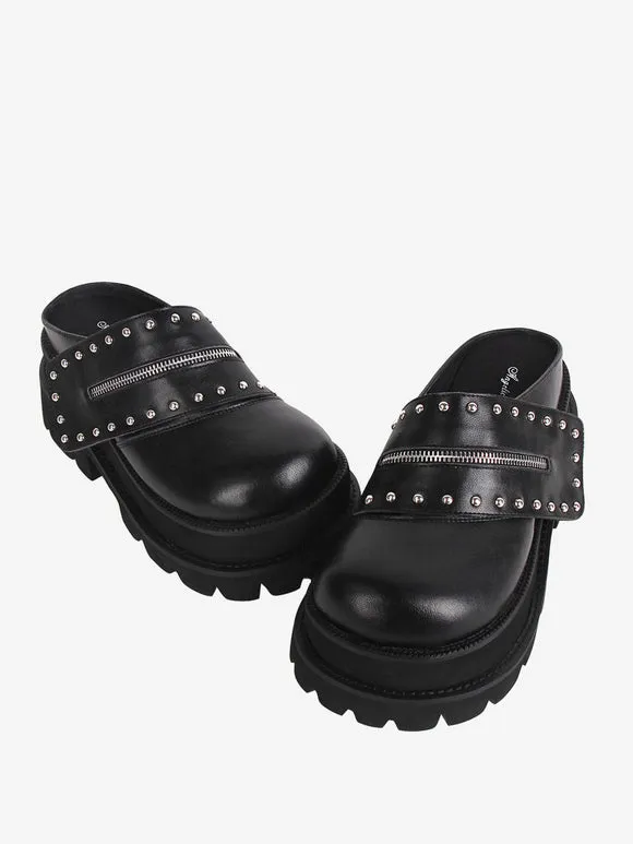 Gothic Lolita Sandals Rivets Round Toe PU Leather Black Lolita Summer Shoes