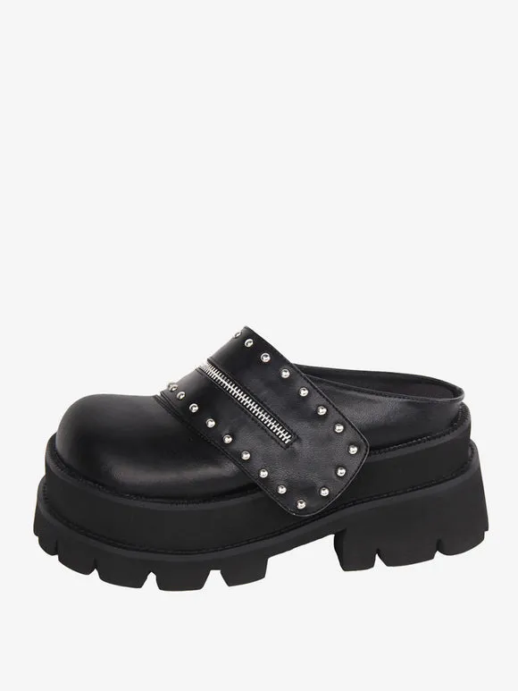 Gothic Lolita Sandals Rivets Round Toe PU Leather Black Lolita Summer Shoes