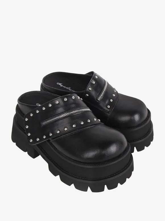 Gothic Lolita Sandals Rivets Round Toe PU Leather Black Lolita Summer Shoes