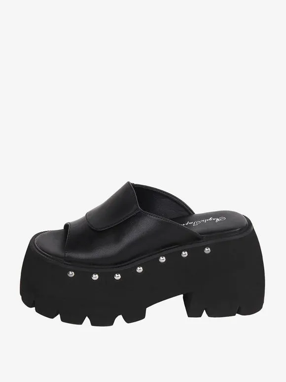 Gothic Lolita Sandals Rivets Round Toe PU Leather Black Lolita Summer Shoes