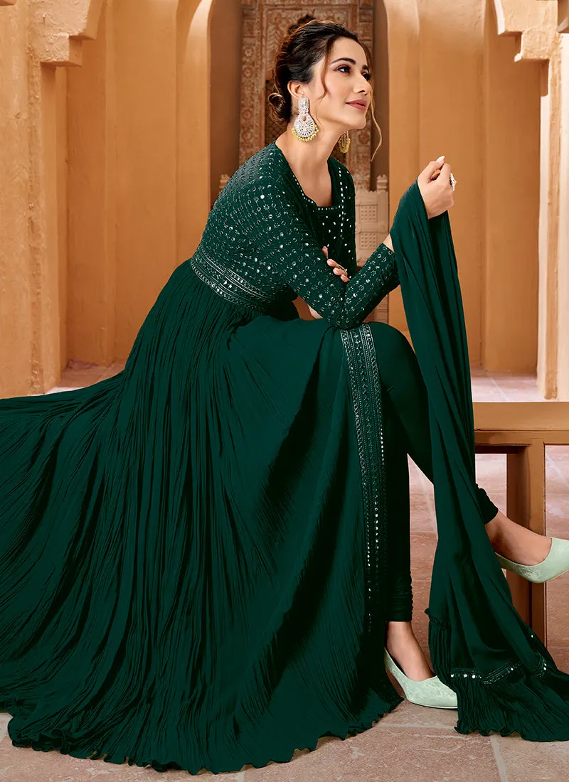 Green Mirror Work Embroidery Slit Style Anarkali Suit