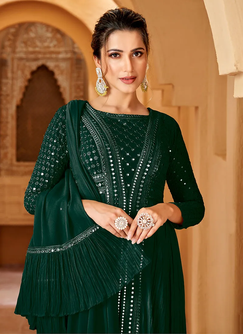 Green Mirror Work Embroidery Slit Style Anarkali Suit