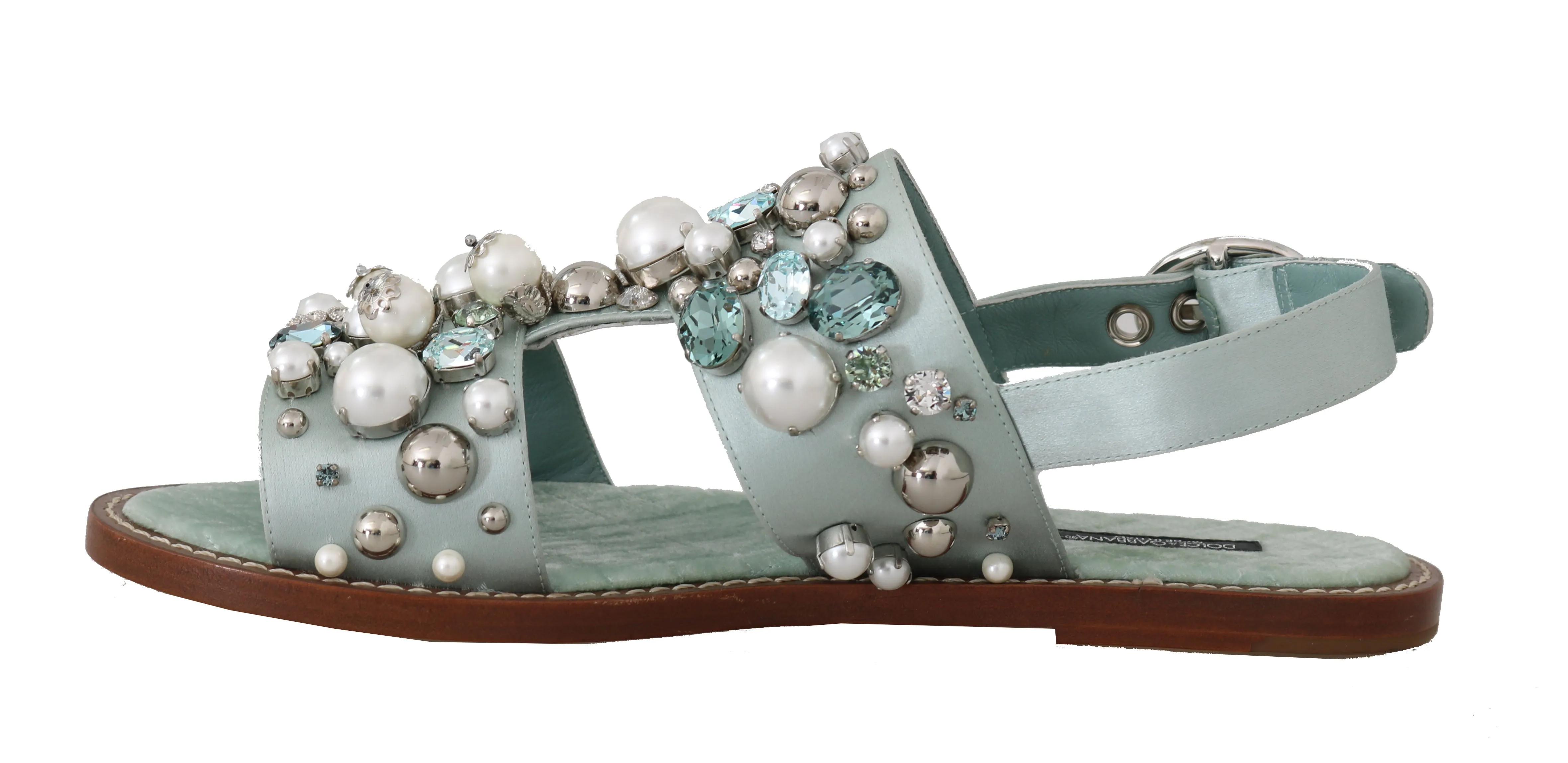 Green Nappa Silk Pearl Crystal Flat Sandals