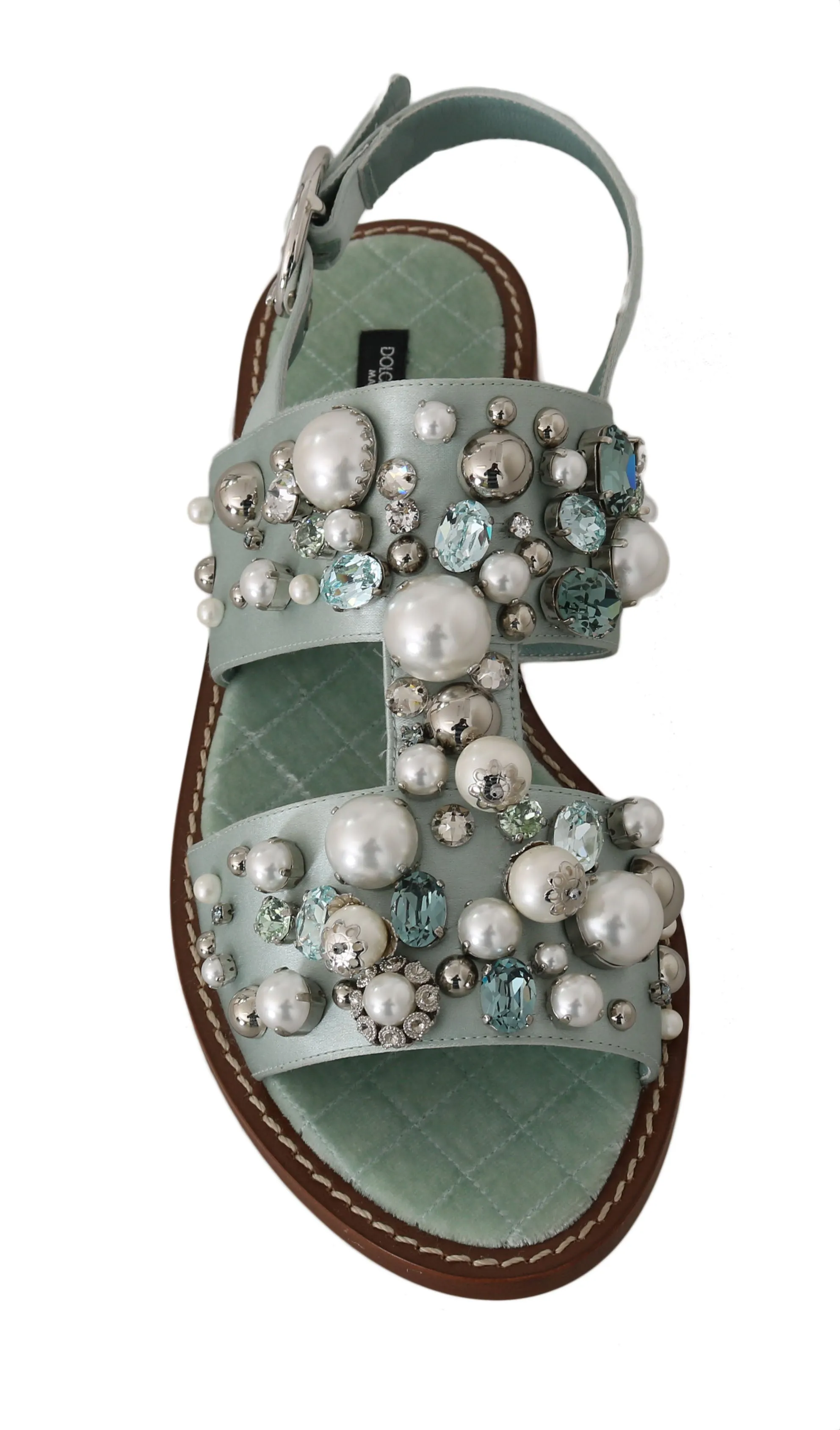 Green Nappa Silk Pearl Crystal Flat Sandals