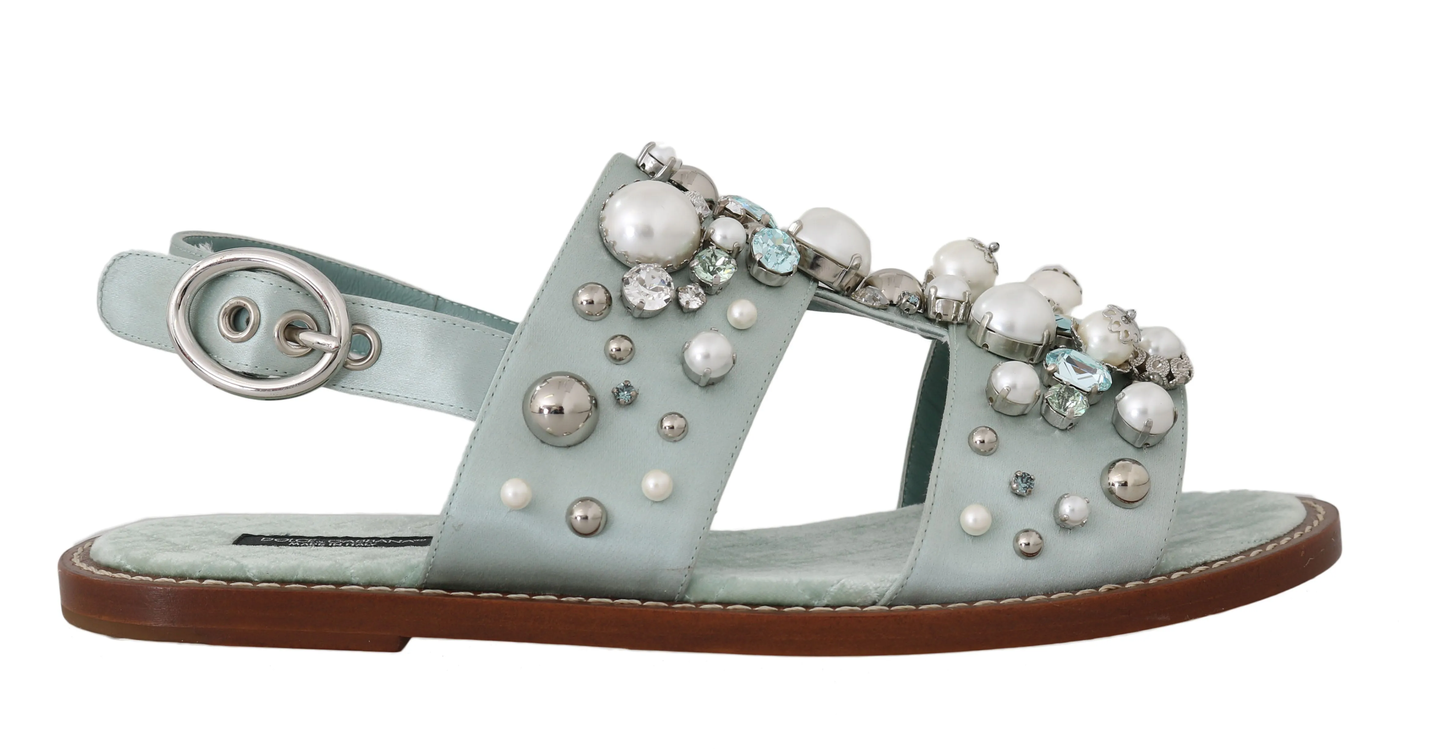 Green Nappa Silk Pearl Crystal Flat Sandals